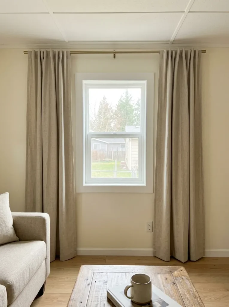 Mobile-home living room window with simple casing and higher curtain placement that improves the wall's visual proportions.