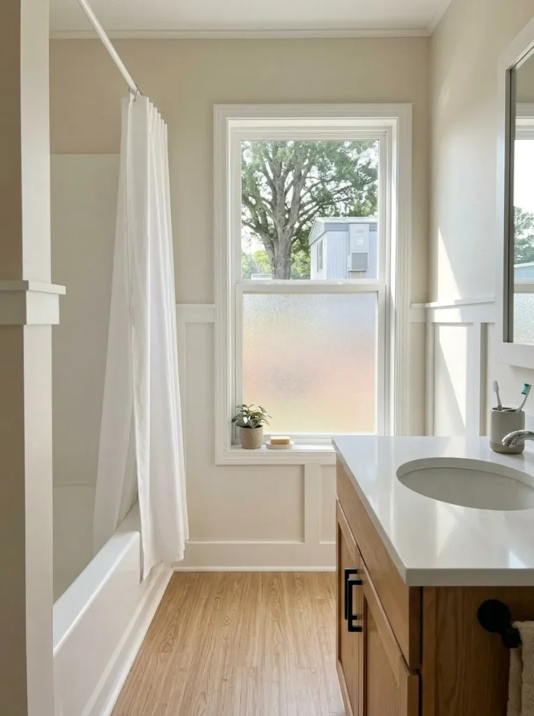 Mobile-home bathroom window with privacy film on the lower glass while the clear upper portion continues admitting daylight.