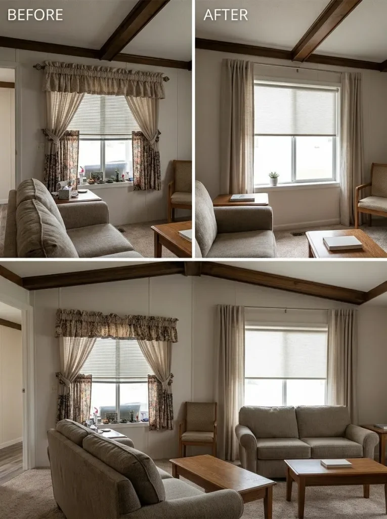 Mobile home living-room window before and after multiple curtain layers are simplified to reveal more daylight and visible wall height.