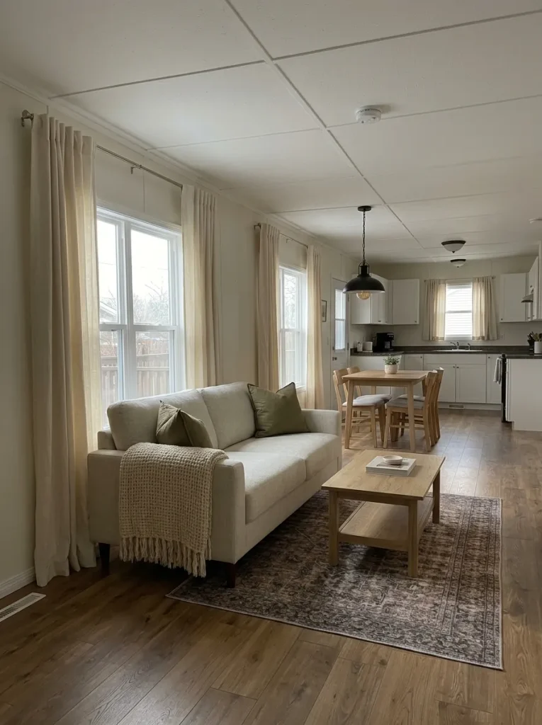 Mobile home living room with full-length cream curtains making the main window wall look more finished and expensive.