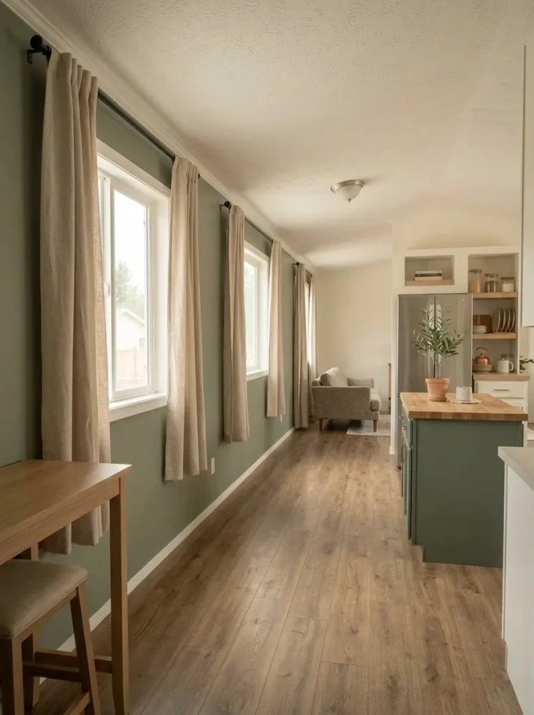 Slim freestanding dining ledge with tucked stools preserves circulation in a narrow mobile home.