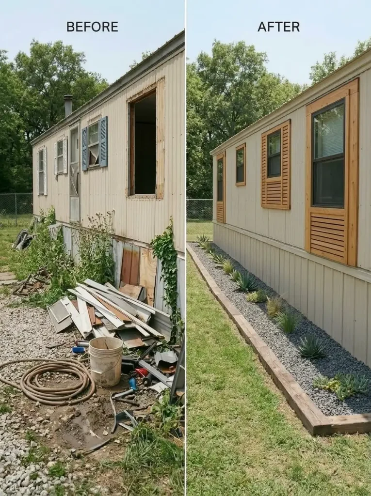 Row of mobile home windows before and after coordinated trim creates a more consistent exterior rhythm.