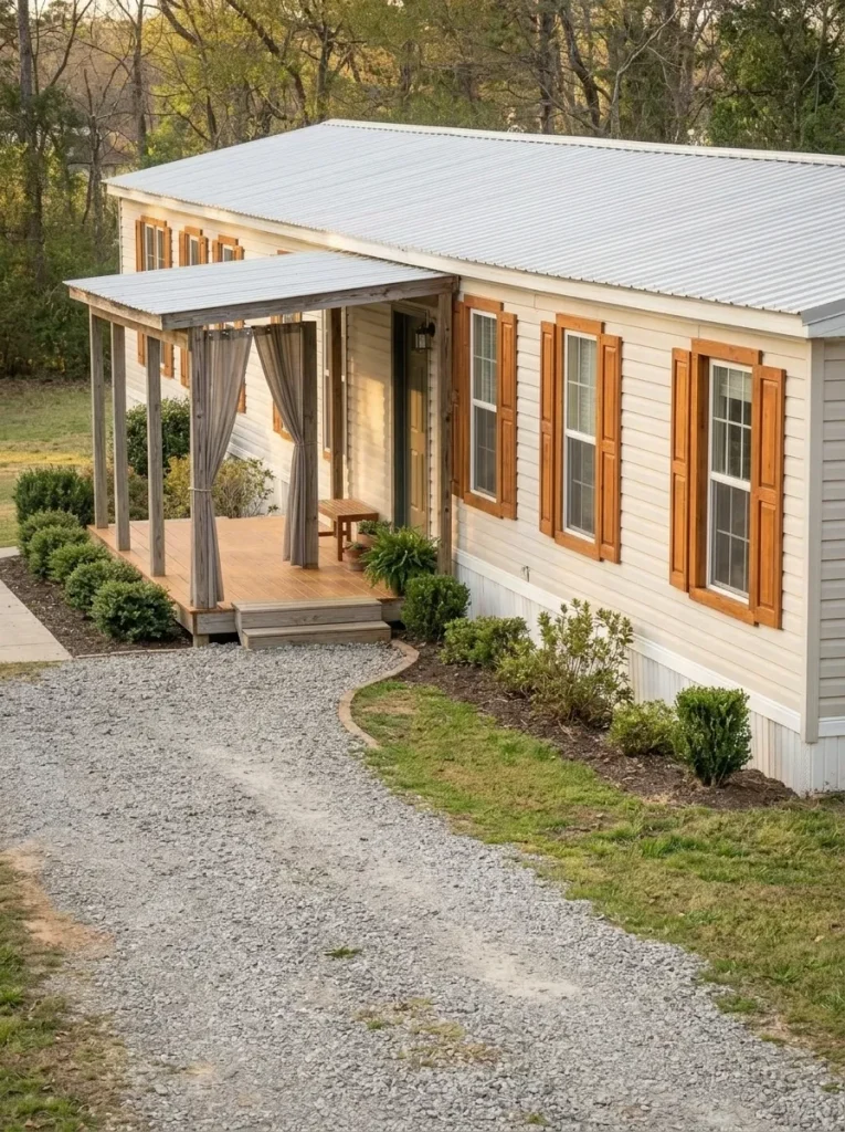 Single-wide mobile-home exterior with existing window shutters and trim refinished consistently across the long façade.