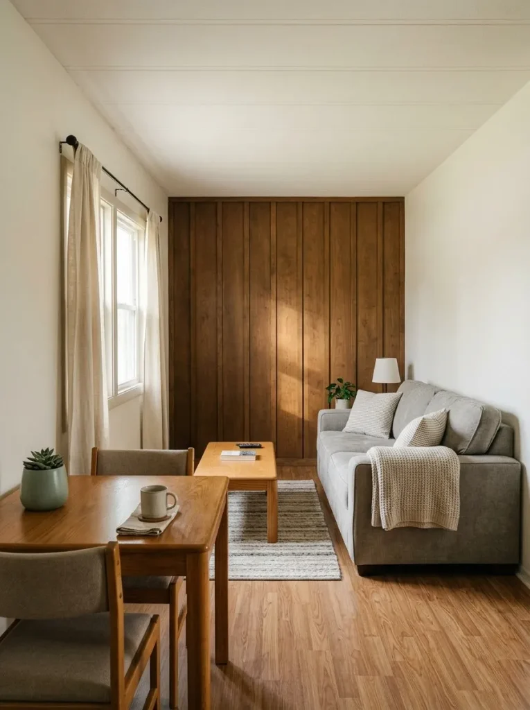 Updated mobile-home living and dining area with one original wood-paneled wall preserved as a warm focal feature.
