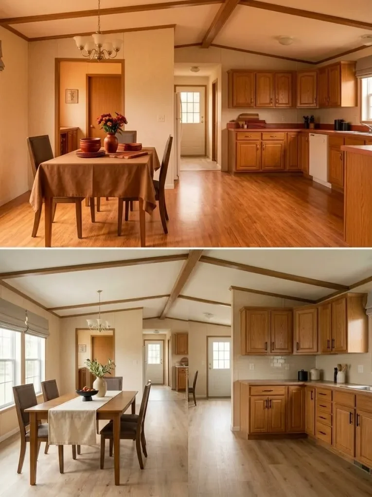 Mobile home dining and kitchen before and after competing orange wood tones are reduced while the original oak cabinetry is preserved.