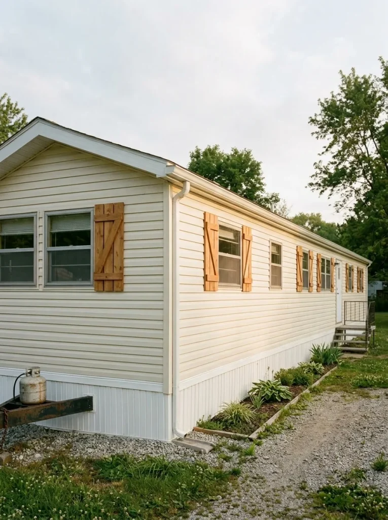 Simple wood shutters add vertical rhythm and definition to plain windows on a long mobile home exterior.
