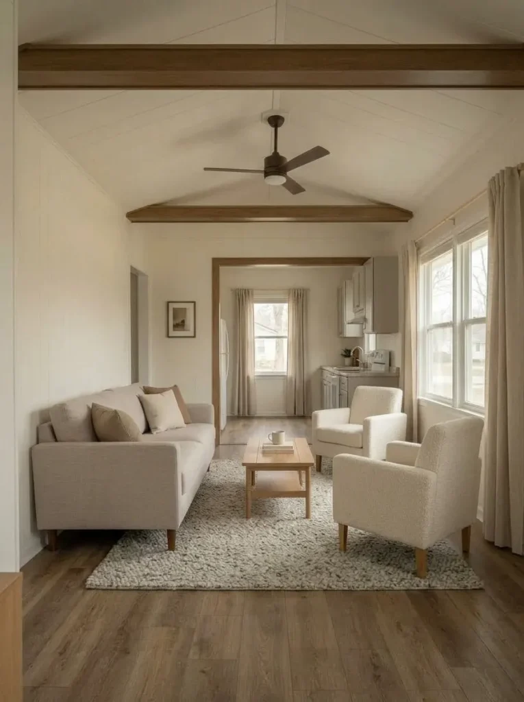 Updated 1980s mobile-home window wall with simple shades and full-length neutral curtains replacing heavy layered treatments.