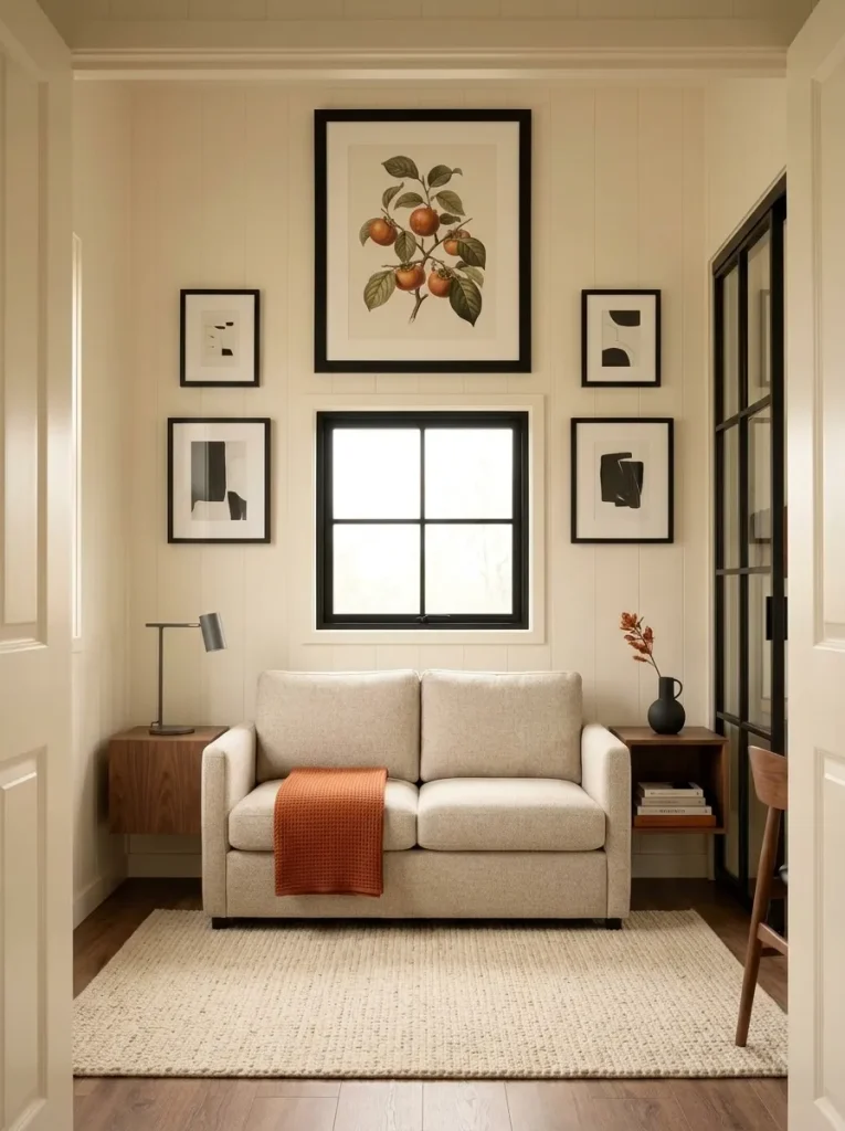 Modern mobile home fall decor pairing Persimmon orange-red accents with black frames, cream walls, and walnut furniture.