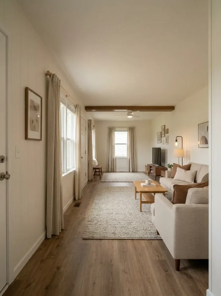 1980s manufactured-home living room with existing wall panels and battens unified in a calm warm-white finish.