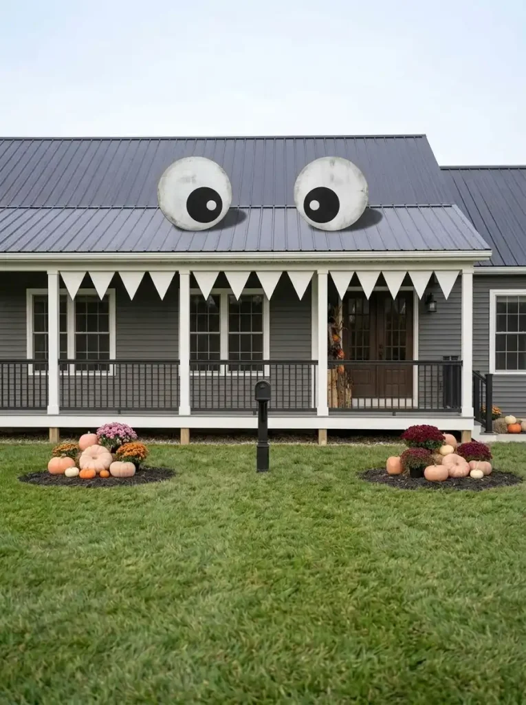 Double-wide mobile home transformed into a giant Halloween monster face with oversized eyes and white porch teeth.