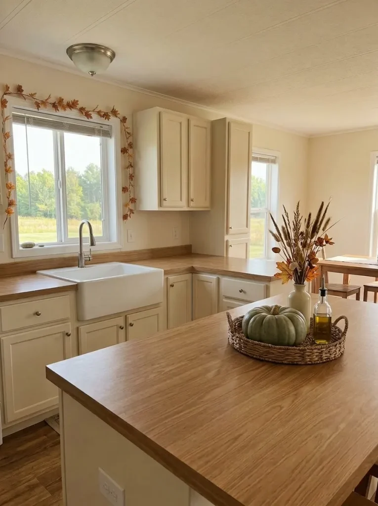 A movable tray gives fall décor a clear boundary and lets the kitchen return to full working mode in one step.