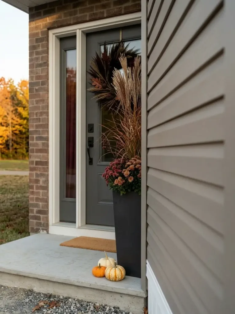 One tall mum and grass planter adding vertical balance beside a fall mobile home front door.