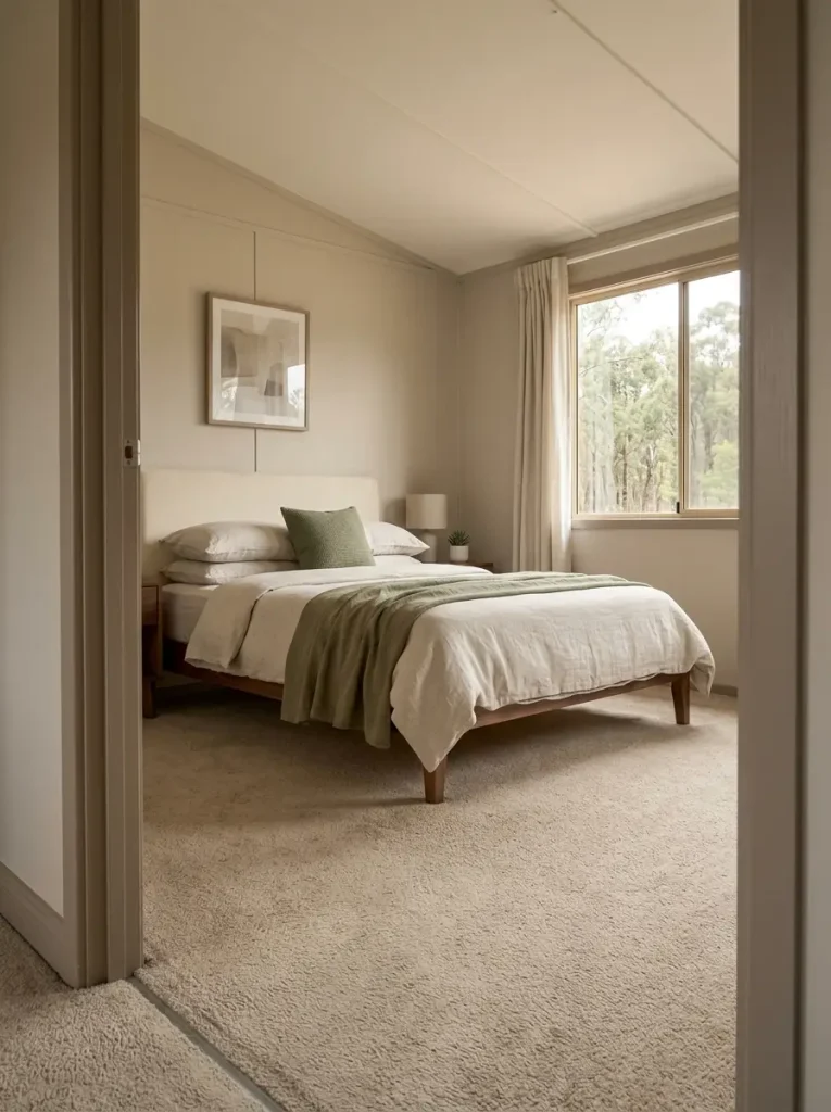 Mushroom walls and linen bedding coordinating with beige carpet in a compact mobile home bedroom.