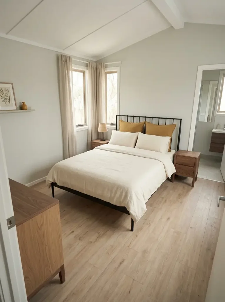 Pale gray-green mobile home bedroom with cream bedding, black metal bed, warm wood, and muted mustard pillows.