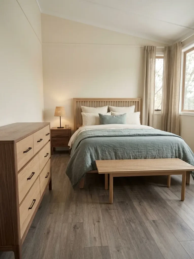 Muted teal bedding in a mobile home bedroom with soft linen walls, gray-brown flooring, and walnut accents.