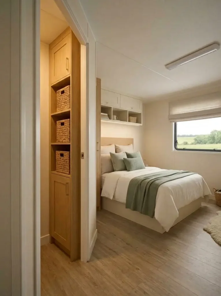 Narrow vertical storage tower fitted into a small wall recess beside the doorway of a mobile home bedroom.