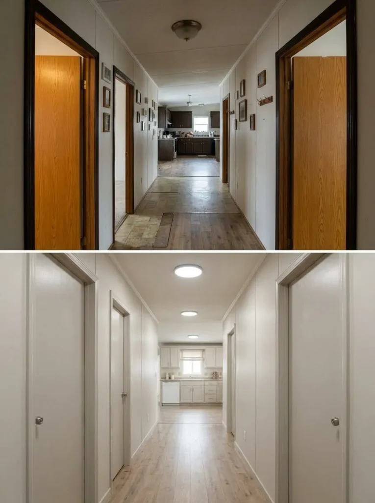 Narrow mobile home hallway before and after dark repeated borders and wall clutter are simplified to create a clearer transition between rooms.