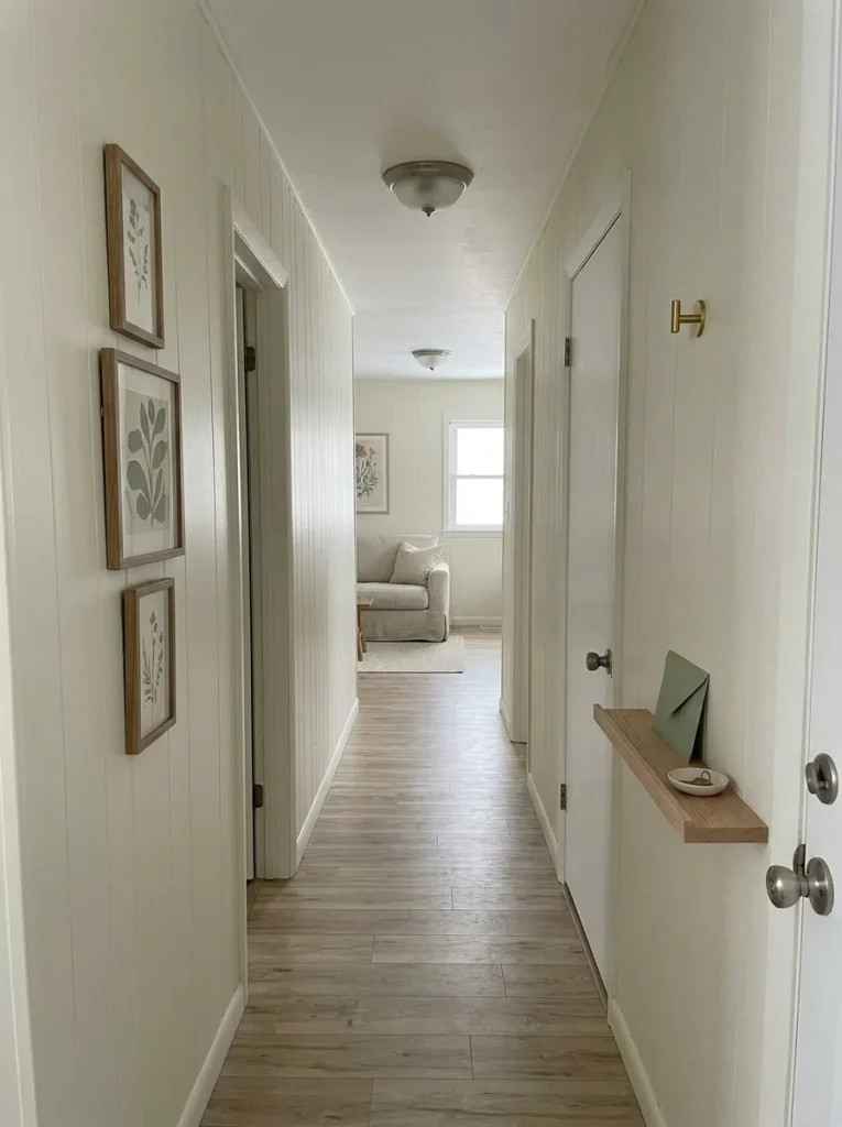 Narrow mobile home hallway decorated vertically with framed art while keeping the floor and walking path open.