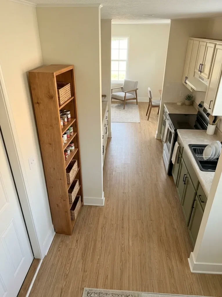 Narrow freestanding pantry shelf beside a clear mobile-home walkway with nearby door and dining chair still usable.
