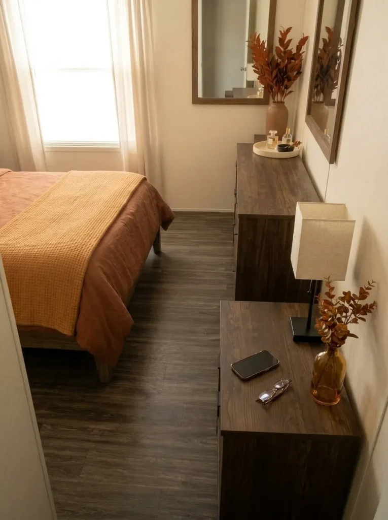 Fall nightstand with seasonal decor placed toward the wall while the front edge stays clear for a phone and reading glasses.