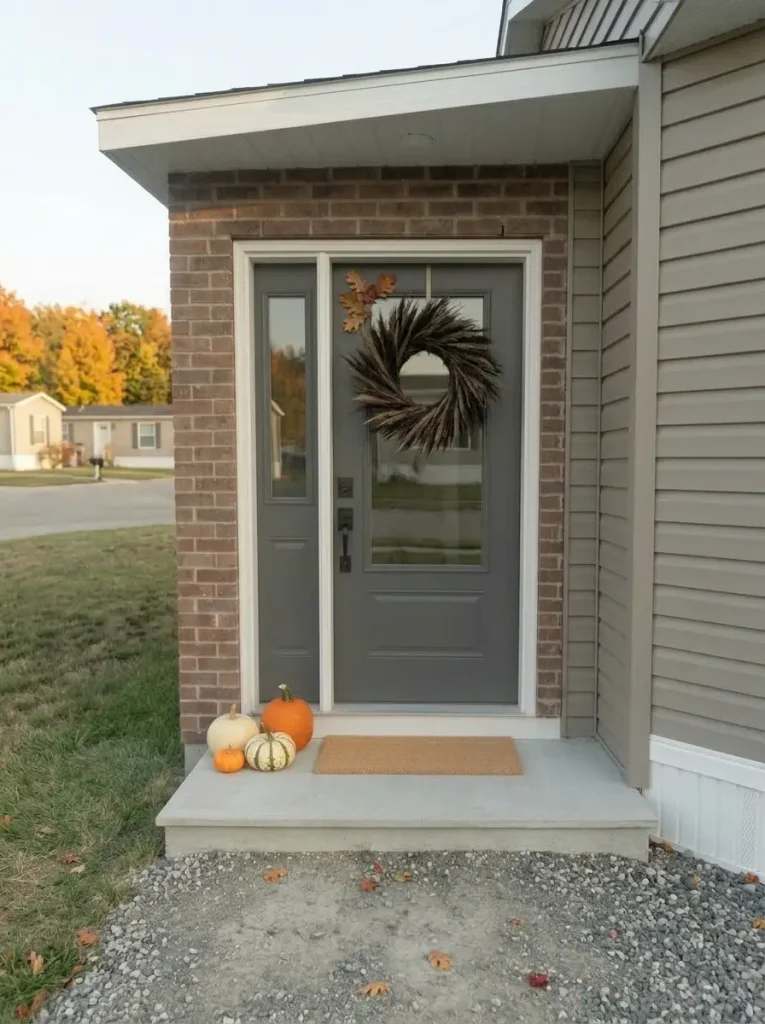 No-porch mobile home fall entry with a wreath, natural doormat and one low pumpkin group.