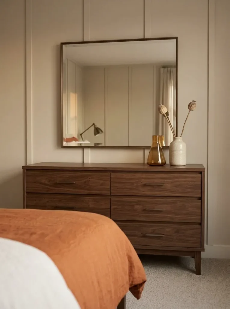 No-pumpkin fall dresser styling with warm walnut, amber glass, cream stoneware and dried texture in a small mobile home bedroom.