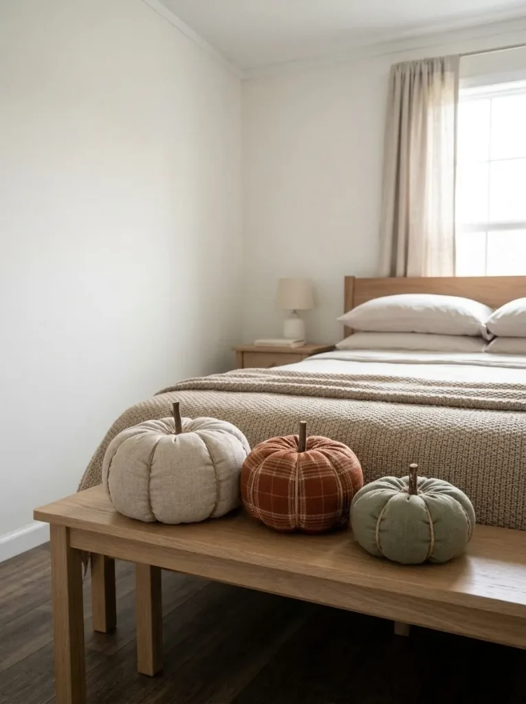 Soft no-sew fabric pumpkins in oatmeal, rust plaid, and muted olive on a small bedroom bench in a mobile home.