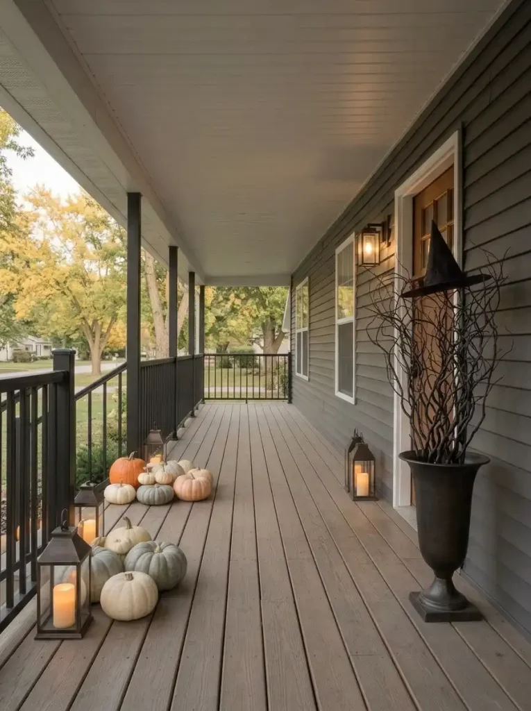 Long double-wide porch with an off-center entrance balanced by tall dark branches and a low cluster of pale pumpkins.