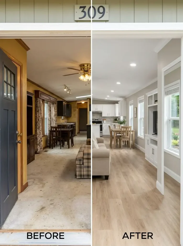 Old mobile home living area before and after broad wall, flooring, trim and lighting updates calm the interior shell.