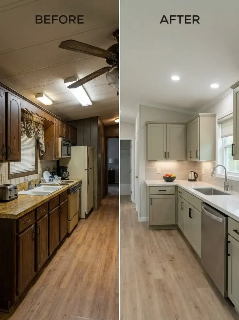 Old mobile home kitchen before and after refinishing cabinets and surfaces while preserving the original layout.