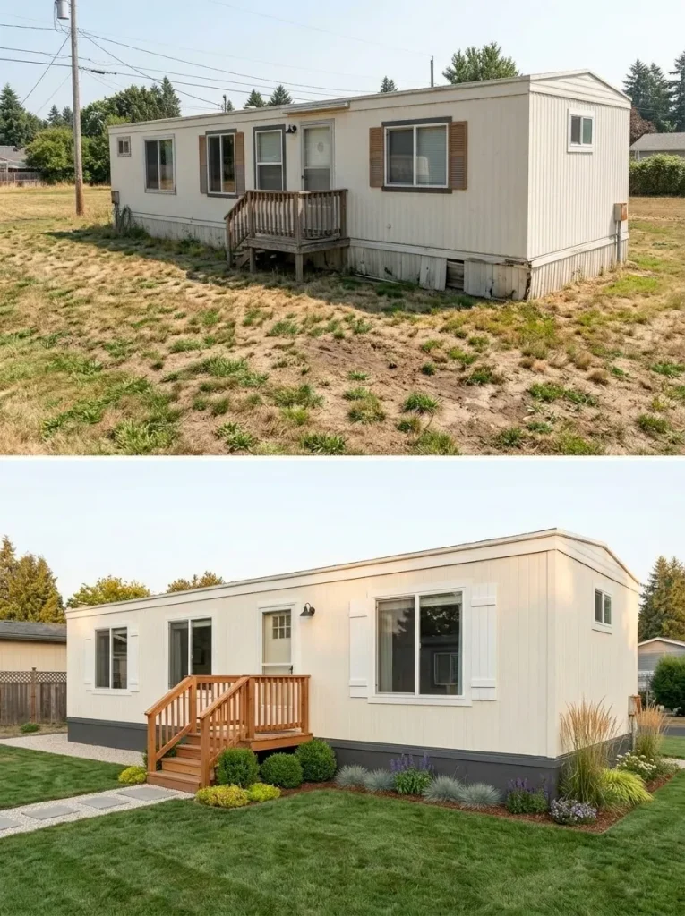 Single wide before and after strategic landscaping frames the entry and corners while keeping the long facade visible.