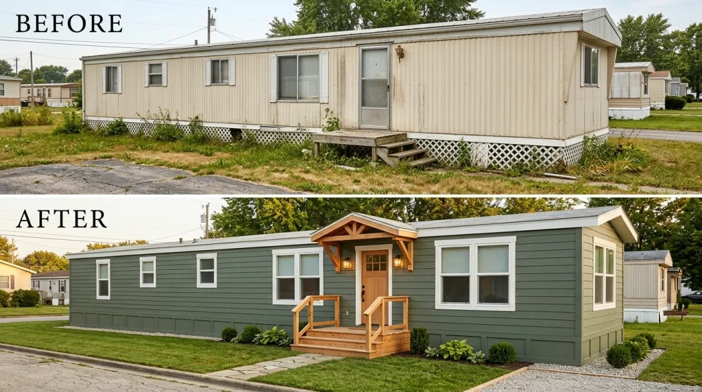 Before-and-after old mobile home makeover showing updated siding, entry, windows, skirting and landscaping on the same single-wide home.