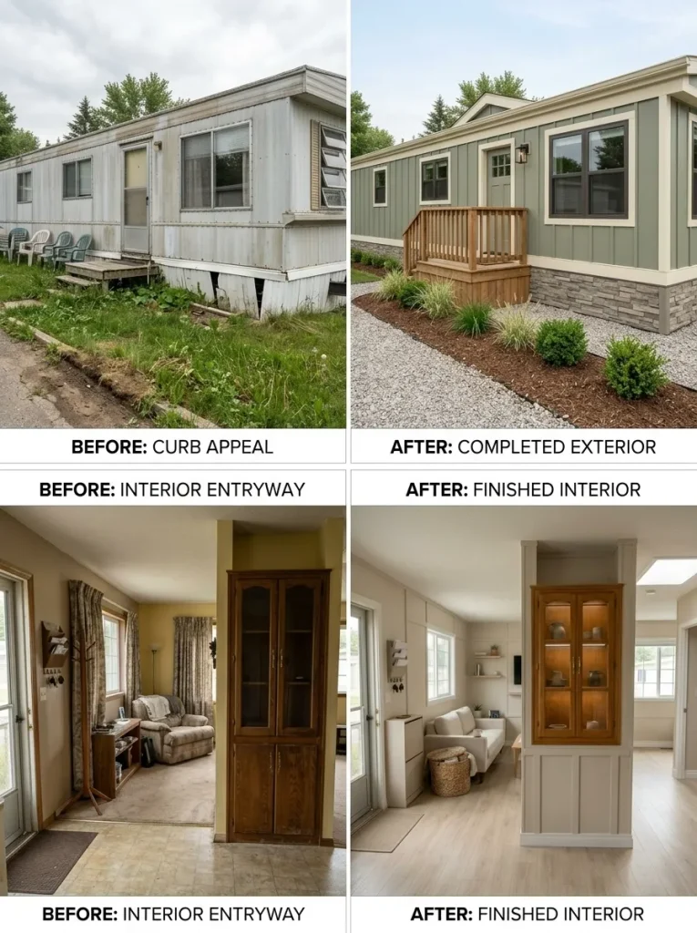Four-panel old mobile home before-and-after comparison showing the same curb and doorway views before and after renovation.