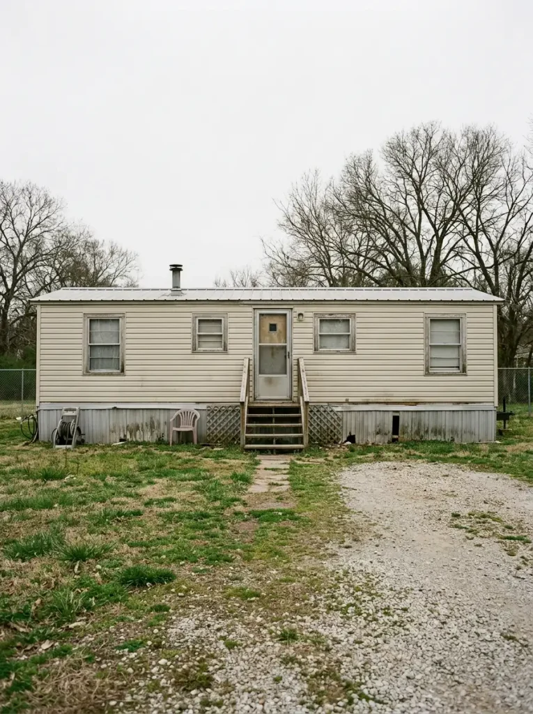 Straight-on pre-renovation view of an older single-wide mobile home showing the siding, entry, windows and skirting together.