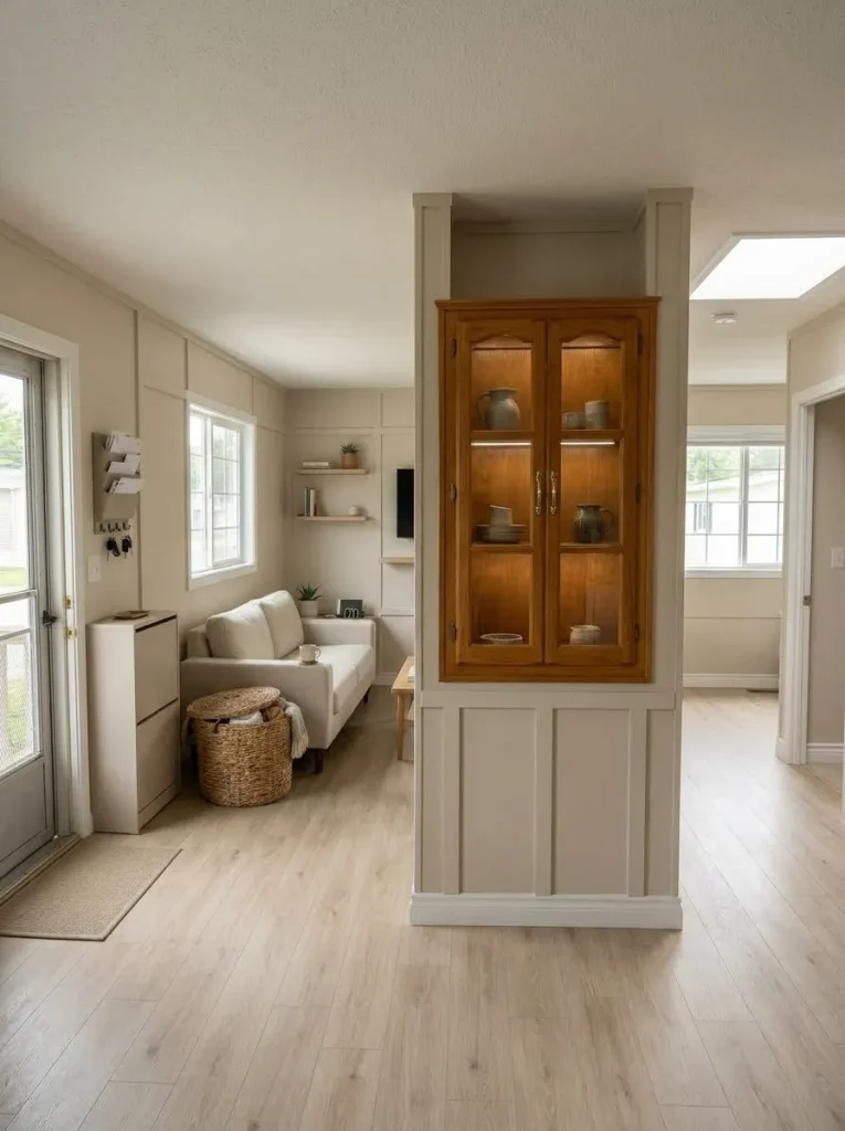 Renovated old mobile home interior preserving one original wood feature among updated walls, flooring and furnishings.
