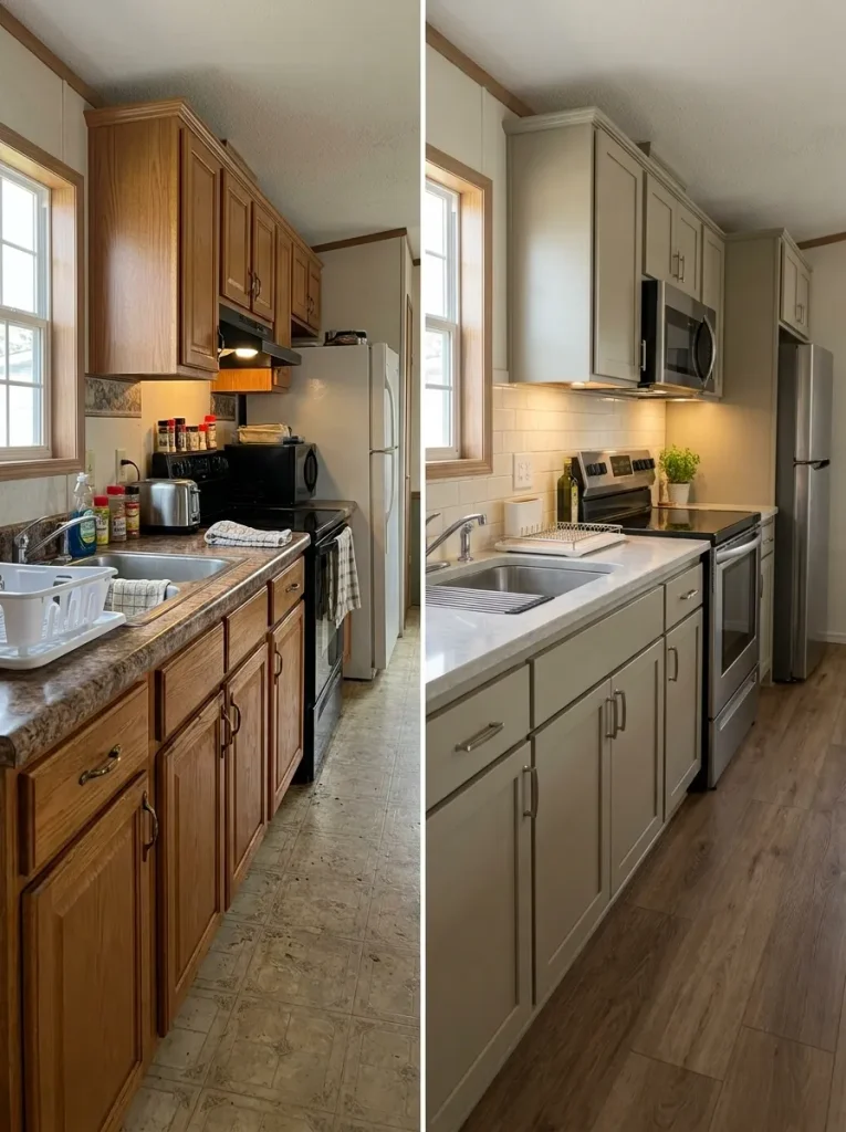 Before-and-after old single wide galley kitchen using the same footprint with refinished cabinets, quieter counters, simple backsplash, and coordinated finishes.
