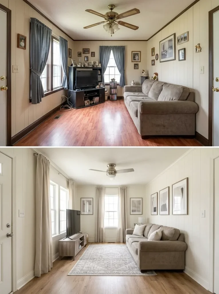 Same old single-wide living room before and after walls, flooring, and curtains are simplified while the main sofa remains.