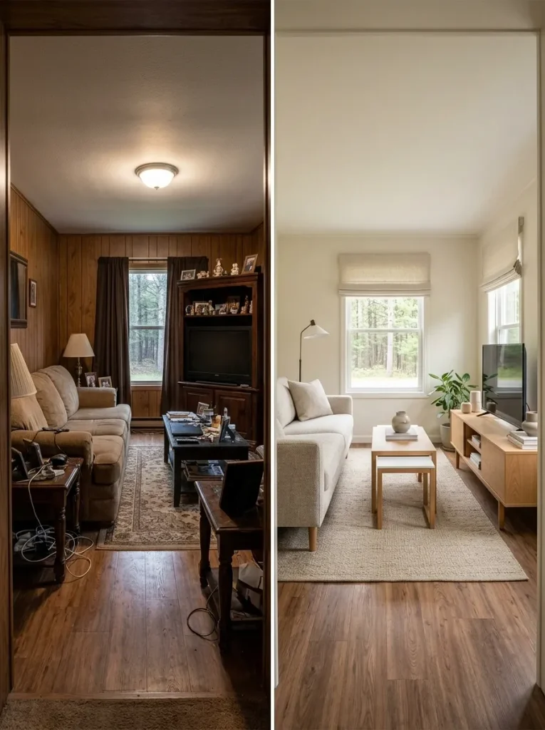 Before-and-after narrow single wide living room showing excess brown finishes edited into a brighter space while retaining one warm wood element.