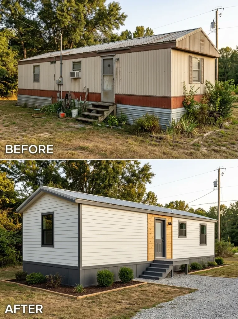 Old single wide before and after a unified exterior color scheme makes the original home look substantially newer.