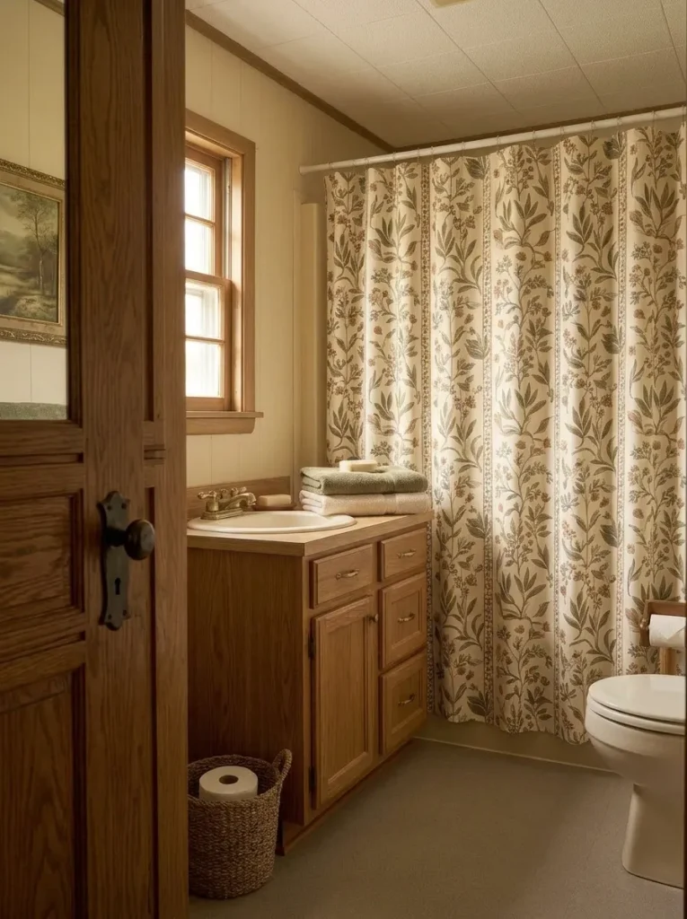 Compact older mobile home bathroom refreshed for fall with an olive, cream and rust shower curtain.