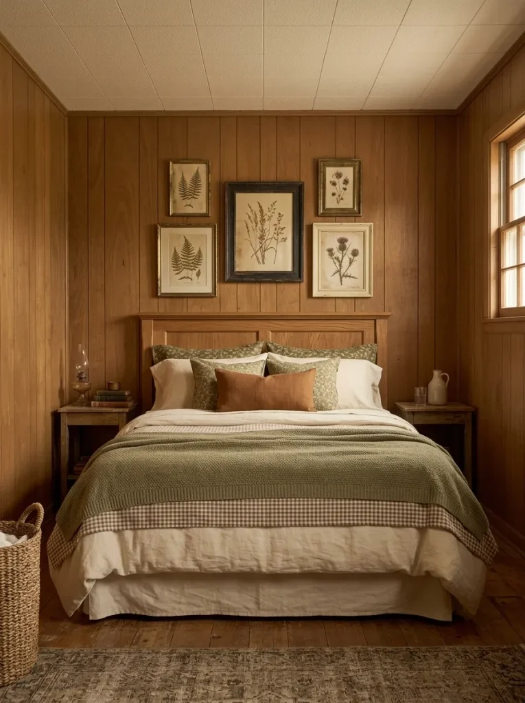Older mobile home bedroom updated for fall with layered cream, gingham, olive and brown bedding around an original wood bed.