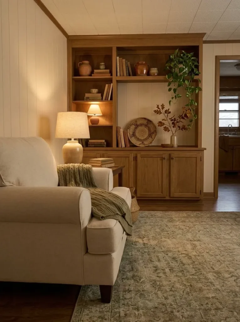 Original mobile home built-in styled as the main fall focal point with books, pottery, greenery and warm lighting.