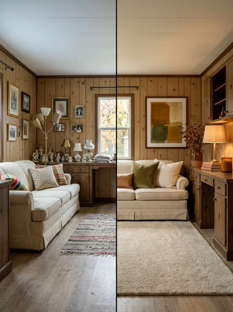 Before and after fall update in the same older mobile home living room showing cosmetic improvements without remodeling.