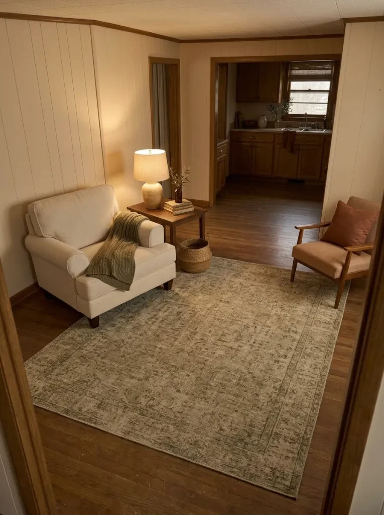 Large vintage-style rug softens serviceable older flooring in a cozy mobile home living room for fall.