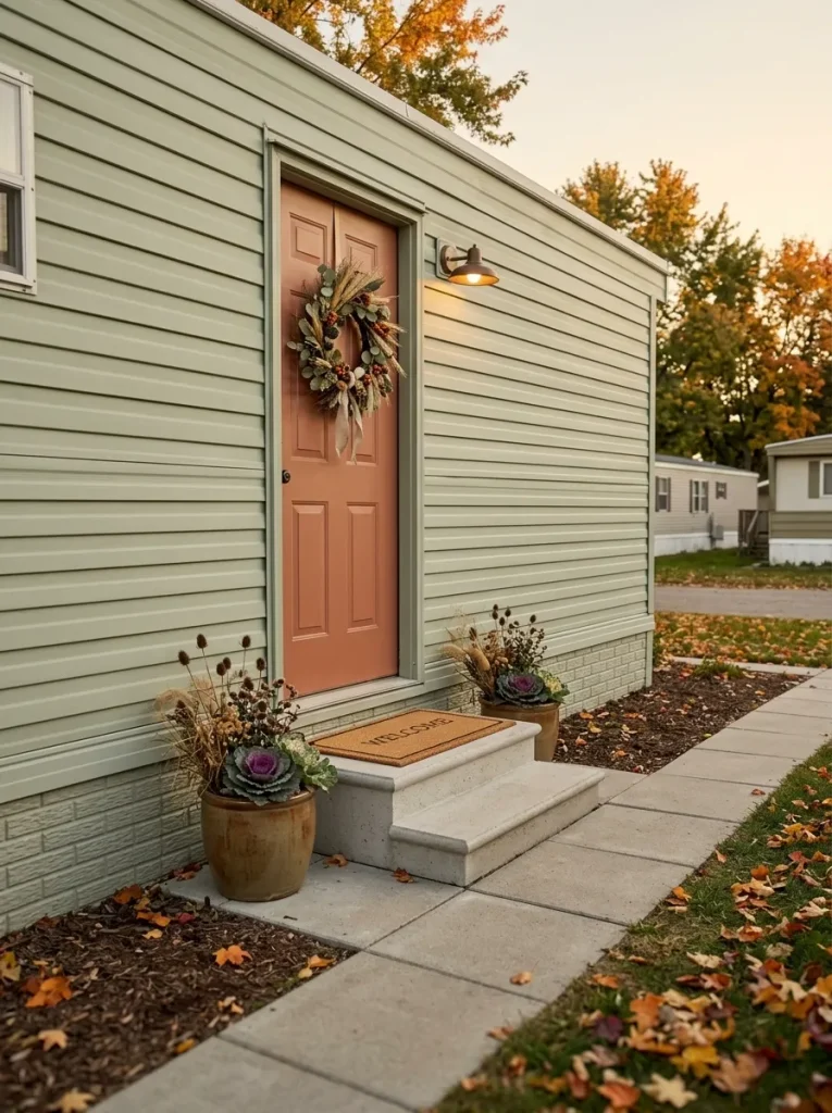 Older mobile home front door refreshed for fall with a wreath, planters and doormat without adding a new porch.
