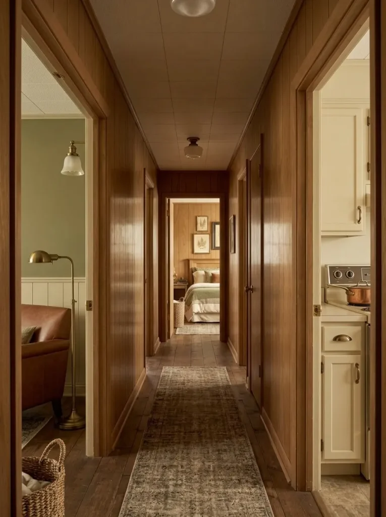 Older mobile home hallway with coordinated door hardware and trim connecting rooms updated at different times.