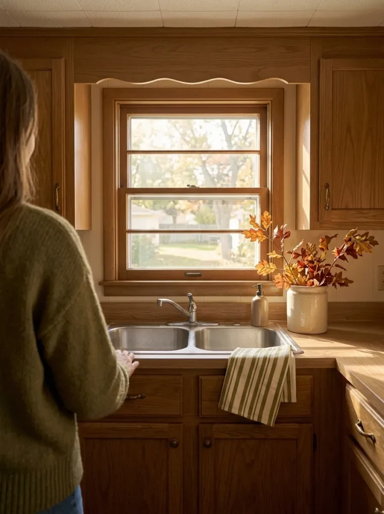 Older mobile home kitchen sink window styled with simple fall branches, towel and warm ceramic accent.