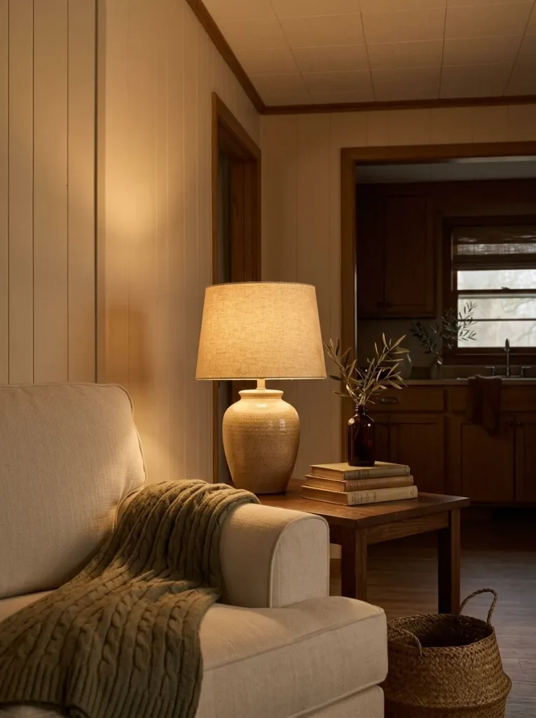 Existing table lamp creates a warm fall seating corner in an older mobile home living room.