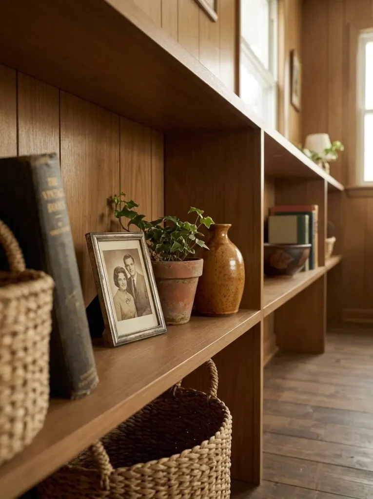 Older mobile home open shelves edited with vintage books, family pieces, pottery and simple fall accents.