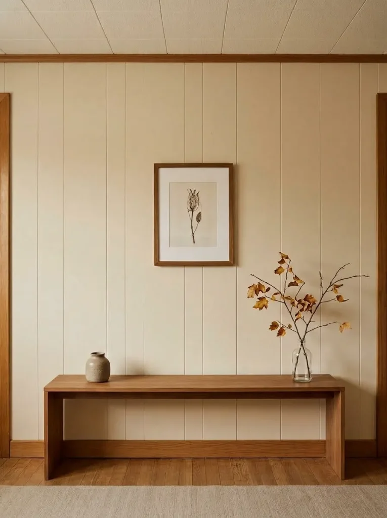 Older mobile home panel wall simplified with one large artwork and warm fall colors instead of heavy wall clutter.